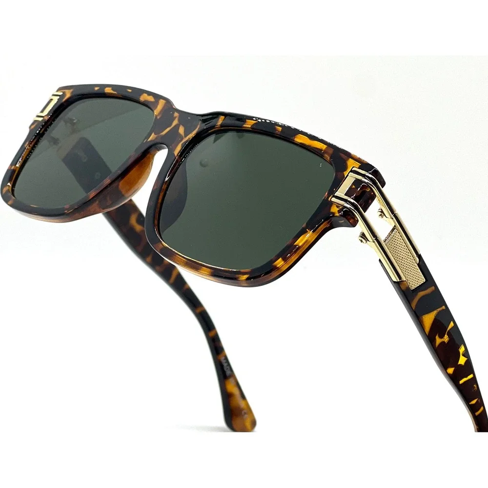 Mens Tortoise Square Sunglasses Gold Metal‎ Temple Dark Green Lens Retro Luxury